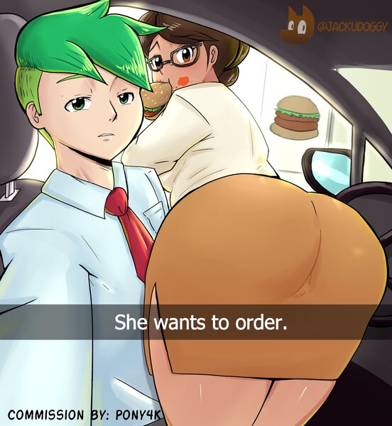 Size: 3368x3660 | Tagged: suggestive, artist:jackudoggy, derpibooru import, raven, spike, human, ass, breasts, burger, busty raven, butt, car, clothes, female, food, g4, glasses, hamburger, humanized, image, jpeg, male, mcdonald's, necktie, ship:ravenspike, shipping, skirt, straight, uniform