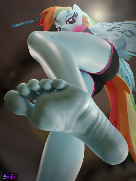 Size: 2880x3840 | Tagged: suggestive, artist:shadowboltsfm, derpibooru import, rainbow dash, anthro, plantigrade anthro, 3d, blender, breasts, clothes, feet, female, fetish, foot fetish, foot focus, high res, image, imminent crushing, looking at you, looking down, looking down at you, low angle, not sfm, png, shorts, size difference, soles, solo, toes