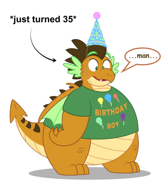 Size: 6017x6783 | Tagged: safe, derpibooru import, oc, oc:alex the chubby pony, unofficial characters only, dragon, birthday, chubby, clothes, dragon oc, dragonsona, fat, hat, image, non-pony oc, party hat, plump, png, shirt, t-shirt, thinking