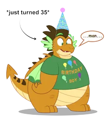 Size: 6017x6783 | Tagged: safe, derpibooru import, oc, oc:alex the chubby pony, unofficial characters only, dragon, birthday, chubby, clothes, dragon oc, dragonsona, fat, hat, image, non-pony oc, party hat, plump, png, shirt, t-shirt, thinking