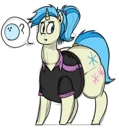 Size: 744x803 | Tagged: safe, artist:polofastter, artist:secretgoombaman12345, derpibooru import, allie way, pony, unicorn, belly, bowling ball, chubby, clothes, cutie mark, fat, full, funny, g4, horn, image, long neck, png, simple background, solo, tight clothing, transparent background
