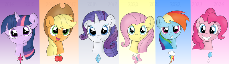 Size: 9007x2550 | Tagged: safe, artist:sparkfler85, derpibooru import, applejack, fluttershy, pinkie pie, rainbow dash, rarity, twilight sparkle, pegasus, pony, unicorn, bust, cutie mark, derpibooru exclusive, horn, image, mane six, png, portrait, smiling