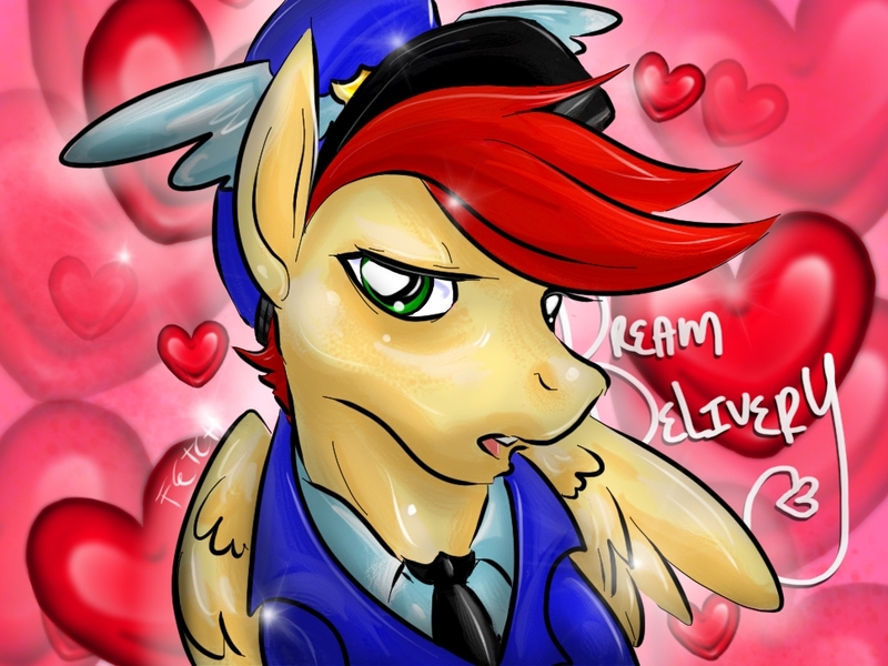 Size: 968x726 | Tagged: safe, artist:cnat, artist:step-and-fetch-it, derpibooru import, care package, special delivery, pegasus, pony, bedroom eyes, close-up, clothes, floating heart, hat, heart, image, jpeg, looking at you, male, seductive, sexy, solo, stallion, stupid sexy care package, uniform
