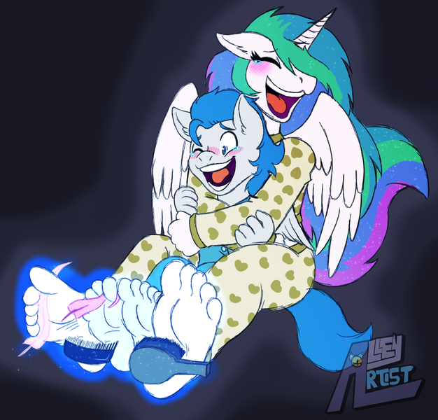 Size: 1728x1656 | Tagged: questionable, artist:specklebrush, derpibooru import, princess celestia, oc, oc:dreamy daze, anthro, plantigrade anthro, blushing, brush, canon x oc, clothes, comb, dreamlestia, feather, feet, female, fetish, foot fetish, hug, image, implied princess luna, laughing, male, messy mane, open mouth, pajamas, png, shipping, straight, tickle fetish, tickling