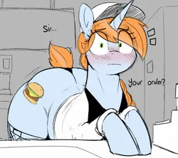 Size: 2048x1821 | Tagged: suggestive, artist:welost, derpibooru import, oc, oc:double decker, unofficial characters only, unicorn, blushing, cash register, cashier, cutie mark, dialogue, female, hat, horn, image, jpeg, looking at you, solo, solo female, text, the ass was fat, unicorn oc, wide hips