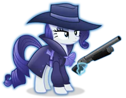 Size: 4806x3752 | Tagged: safe, artist:anime-equestria, derpibooru import, rarity, pony, unicorn, clothes, coat, detective rarity, eyeshadow, female, g4, gun, hat, image, levitation, magic, makeup, mare, png, ribbon, shotgun, simple background, solo, telekinesis, transparent background, vector, weapon