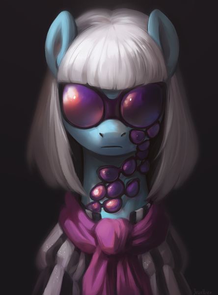 Size: 2196x2970 | Tagged: safe, alternate version, artist:jewellier, derpibooru import, photo finish, earth pony, pony, bust, clothes, female, g4, glasses do not belong there, image, joke, mare, png, portrait, simple background, solo, sunglasses