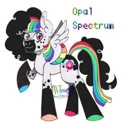 Size: 1410x1447 | Tagged: safe, artist:mitexcel, derpibooru import, oc, oc:opal spectrum, unofficial characters only, pegasus, curly mane, digital art, image, mixed media, multicolored hair, pink eyes, png, rainbow hair, rainbow tail, smiling, solo, straight mane, tail, traditional art