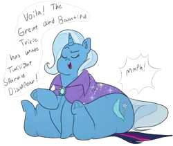 Size: 913x769 | Tagged: safe, artist:polofastter, artist:secretgoombaman12345, derpibooru import, trixie, twilight sparkle, pony, unicorn, ask chubby diamond, butt, chubby cheeks, clothes, dialogue, eyes closed, faceful of ass, facesitting, fat, female, flank, flattened, g4, hat, horn, huge butt, image, impossibly large butt, large butt, mare, obese, plot, png, the great and bountiful trixie, trixdom, trixie's hat