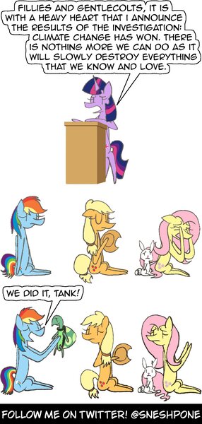 Size: 1000x2100 | Tagged: safe, artist:sneshpone, derpibooru import, angel bunny, applejack, fluttershy, rainbow dash, tank, twilight sparkle, twilight sparkle (alicorn), alicorn, tanks for the memories, climate change, g4, image, jpeg, podium, this will end in extinction