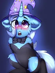 Size: 1700x2250 | Tagged: safe, artist:freak-side, derpibooru import, trixie, pony, unicorn, blushing, bondage, bowtie, chest fluff, clothes, eye clipping through hair, eyebrows, eyebrows visible through hair, female, g4, hat, horn, image, leotard, looking up, mare, open mouth, png, rope, rope bondage, socks, solo, solo female, stockings, thigh highs, trixie's hat