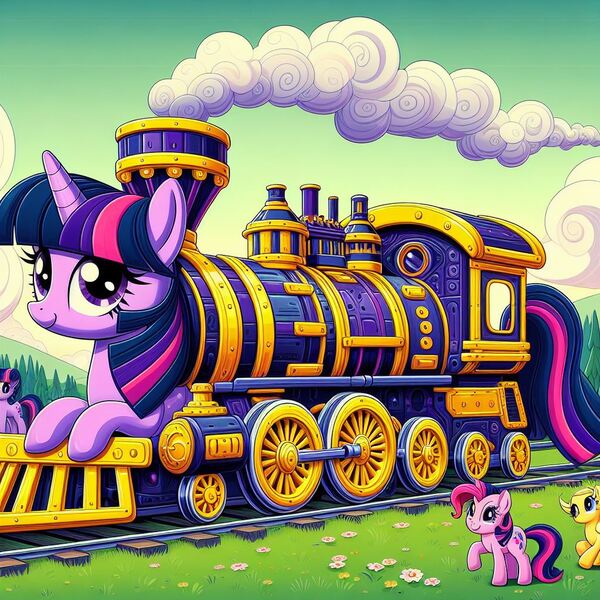 Size: 1024x1024 | Tagged: safe, ai content, derpibooru import, machine learning generated, prompter:mysticsunrise87, twilight sparkle, ponified, object pony, original species, pony, train pony, unicorn, g4, generator:bing image creator, generator:dall-e 3, horn, image, inanimate tf, jpeg, train, trainified, transformation, unicorn twilight