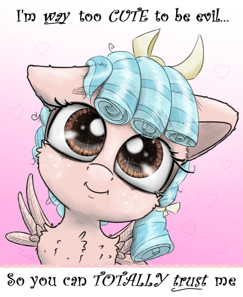 Size: 1250x1527 | Tagged: safe, artist:chopsticks, derpibooru import, cozy glow, pegasus, pony, blatant lies, bow, cheek fluff, chest fluff, cozybetes, cute, dialogue, ear fluff, eyebrows, eyebrows visible through hair, face of mercy, female, filly, floppy ears, foal, hair bow, image, looking at you, png, pure concentrated unfiltered evil of the utmost potency, pure unfiltered evil, smiling, smiling at you, solo, spread wings, staring into your soul, stray strand, talking to viewer, text, wings