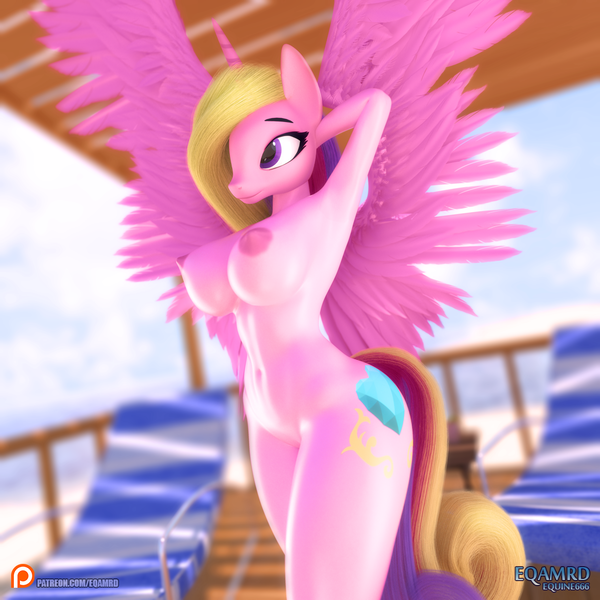 Size: 1080x1080 | Tagged: questionable, artist:eqamrd, derpibooru import, princess cadance, alicorn, anthro, 3d, areola, arm behind head, bangs, beach, big breasts, blonde, blonde hair, blonde tail, breasts, casual nudity, colored, curvy, cute, female, g4, happy, horn, image, long hair, nipples, nudity, outdoors, png, pose, sexy, smiling, solo, solo female, spread wings, standing, summer, tail, wings