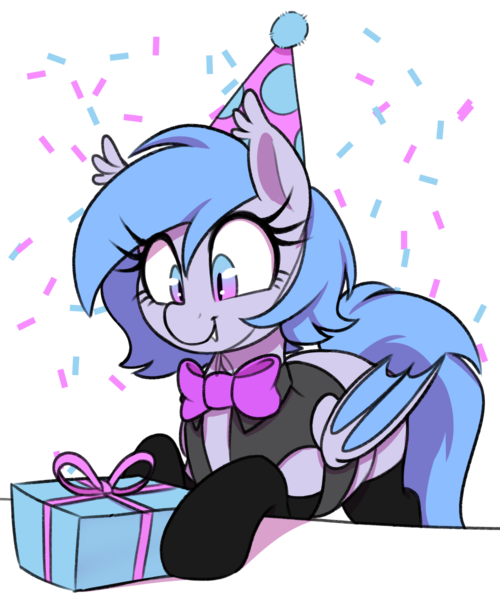 Size: 1000x1200 | Tagged: safe, artist:thebatfang, derpibooru import, oc, oc:lucky roll, unofficial characters only, bat pony, pony, birthday, bowtie, clothes, confetti, cute, fangs, female, hat, image, mare, ocbetes, party hat, png, present, simple background, smiling, socks, solo, table, transparent background, vest