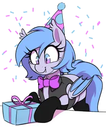 Size: 1000x1200 | Tagged: safe, artist:thebatfang, derpibooru import, oc, oc:lucky roll, unofficial characters only, bat pony, pony, birthday, bowtie, clothes, confetti, cute, fangs, female, hat, image, mare, ocbetes, party hat, png, present, simple background, smiling, socks, solo, table, transparent background, vest