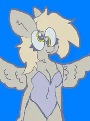 Size: 246x332 | Tagged: suggestive, artist:biddyfox, derpibooru import, derpy hooves, anthro, pegasus, blue background, bunny suit, clothes, female, g4, image, png, simple background, smiling, solo, solo female