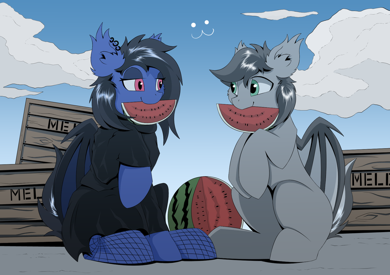 Size: 1700x1200 | Tagged: safe, artist:hovawant, derpibooru import, oc, oc:hovawant, oc:zero shadow, bat pony, :3, bat pony oc, bat wings, black eyeshadow, black mane, black tail, clothes, cloud, crate, ear fluff, ear piercing, earring, eating, eyeshadow, female, fishnet clothing, fishnets, food, gray mane, green eyes, grey tail, image, jewelry, looking at each other, looking at someone, makeup, mal, male, piercing, png, red eyes, skirt, sky, socks, stockings, tail, thigh highs, watermelon, wings