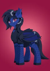 Size: 1200x1700 | Tagged: safe, artist:hovawant, derpibooru import, oc, oc:zero shadow, bat pony, bat pony oc, bat wings, black eyeshadow, black mane, black tail, clothes, collar, ear fluff, ear piercing, earring, eyeshadow, female, fishnet clothing, fishnets, image, jewelry, looking at you, makeup, piercing, png, red background, red eyes, simple background, skirt, socks, solo, spiked collar, stockings, tail, thigh highs, wings