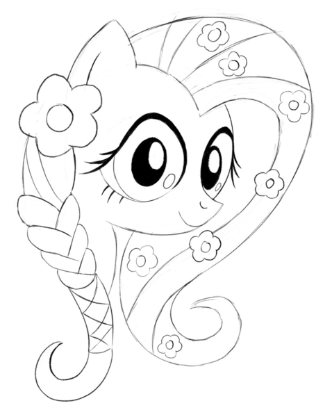 Size: 1223x1536 | Tagged: safe, artist:aprilfools, ponerpics import, fluttershy, pony, braid, female, flower, flower in hair, image, mare, monochrome, png, simple background, sketch, solo