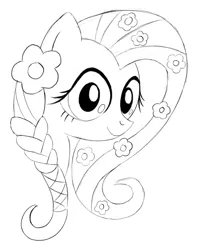 Size: 1223x1536 | Tagged: safe, artist:aprilfools, ponerpics import, fluttershy, pony, braid, female, flower, flower in hair, image, mare, monochrome, png, simple background, sketch, solo