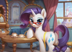Size: 1280x920 | Tagged: safe, ai content, derpibooru import, machine learning generated, prompter:foxpony, stable diffusion, rarity, pony, unicorn, butt, carousel boutique, coffee, coffee cup, cup, generator:pony diffusion v6 xl, glasses, hooves, horn, image, looking at you, measuring tape, plot, png, rarity's glasses, solo, table, window