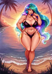 Size: 1440x2048 | Tagged: suggestive, ai content, derpibooru import, machine learning generated, stable diffusion, princess celestia, human, beach, big breasts, bra, breasts, clothes, curvy, cutie mark, derpibooru exclusive, feet, female, generator:pony diffusion v6 xl, hourglass figure, humanized, image, panties, png, prompter:inky heart, solo, solo female, underwear, wide hips