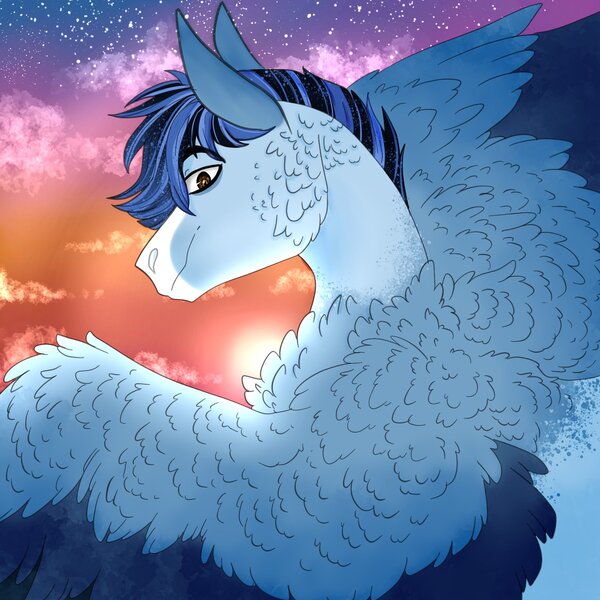 Size: 2000x2000 | Tagged: safe, artist:inisealga, derpibooru import, oc, oc:soaring spirit, unofficial characters only, pegasus, pony, coat markings, facial markings, fluffy, image, jpeg, male, markings, multicolored hair, neck fluff, pegasus oc, solo, spread wings, stallion, sunset, three toned wings, wing fluff, wings