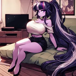 Size: 1024x1024 | Tagged: safe, ai content, derpibooru import, machine learning generated, twilight sparkle, anthro, unicorn, adorasexy, bare shoulders, big breasts, breasts, busty twilight sparkle, clothes, curvy, cute, female, futon, g4, high heels, horn, huge breasts, image, long hair, looking at you, midriff, no tail, png, ponytail, prompter:horselover fat, sexy, shoes, short shirt, shorts, shoulderless, sitting, solo, television, white shirt