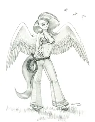 Size: 1100x1409 | Tagged: suggestive, artist:baron engel, derpibooru import, fluttershy, anthro, butterfly, insect, pegasus, bikini, bikini top, breasts, bullwhip, busty fluttershy, clothes, denim, female, g4, image, jeans, jpeg, monochrome, pants, pencil drawing, solo, swimsuit, traditional art
