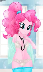 Size: 663x1100 | Tagged: suggestive, artist:charliexe, derpibooru import, pinkie pie, human, equestria girls, 2d, beautiful, beautiful eyes, beautisexy, belly, belly button, blue eyes, bra, breasts, busty pinkie pie, cleavage, clothes, curly hair, doctor, doctor at work, dr. pinkie pie, eyelashes, female, g4, hair accessory, hair tie, hips, hospital, hospital room, image, indoors, jpeg, long eyelashes, looking at you, medium breasts, midriff, open clothes, panties, pants, pants down, pink hair, ponytail, reasonably shaped breasts, reasonably sized breasts, sexy, smiling, smiling at you, solo, solo female, stethoscope, teenage girls, teenage pinkie pie, teenager, thighs, underwear, white bra, white panties, white underwear, window