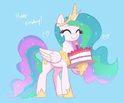 Size: 3000x2500 | Tagged: safe, artist:t72b, derpibooru import, princess celestia, alicorn, pony, birthday, cake, candle, clothes, crown, eyes closed, food, hoof hold, image, jewelry, looking at you, png, regalia, shoes, simple background, smiling, smiling at you, solo