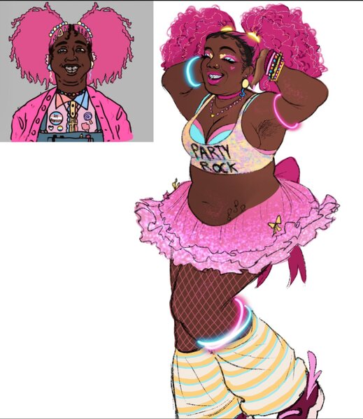 Size: 1317x1522 | Tagged: safe, artist:loopunhappiness, derpibooru import, pinkie pie, human, armpit hair, armpits, astro puffs, bra, bubble skirt, chubby, clothes, dark skin, fishnet clothing, fishnets, humanized, image, jpeg, leg warmers, lipstick, skirt, socks, solo, stockings, tanktop, thigh highs, underwear