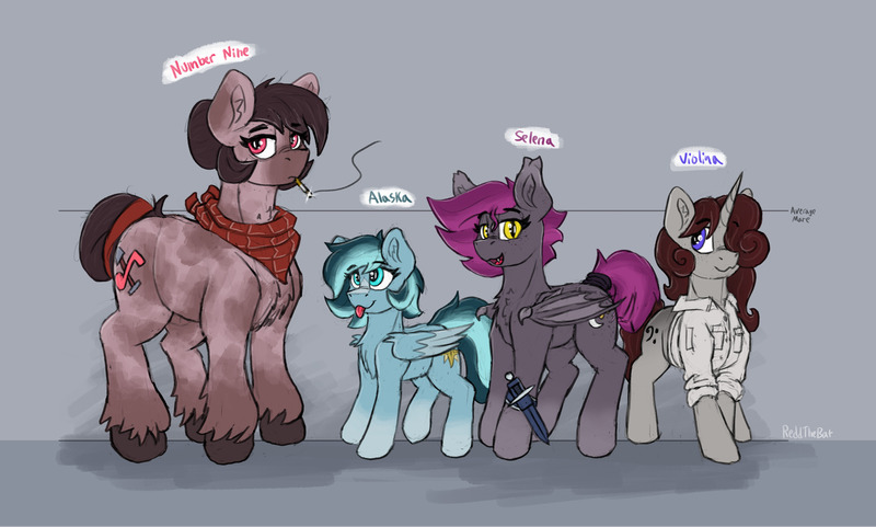Size: 4222x2538 | Tagged: safe, artist:reddthebat, derpibooru import, oc, oc:alaska (reddthebat), oc:number nine, oc:selena (reddthebat), oc:violina (reddthebat), unofficial characters only, bat pony, earth pony, ghost, ghost pony, pegasus, pony, undead, unicorn, bandana, bat pony oc, bat wings, chest fluff, cigarette, eyebrows, eyebrows visible through hair, fangs, female, freckles, gray background, hair over one eye, height difference, high res, horn, image, jpeg, knife, looking at you, looking up, mare, open mouth, open smile, simple background, smiling, smiling at you, smoking, tongue out, unshorn fetlocks, wings