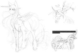 Size: 3000x2060 | Tagged: safe, artist:squeezymouse, derpibooru import, discord, ponified, alicorn, draconequus, pony, blank flank, chest fluff, curved horn, derpibooru exclusive, ear fluff, ear piercing, feathered fetlocks, full body, guilty gear, horn, horn piercing, image, long mane, monochrome, piercing, png, raven (guilty gear), reference, screencap reference, sketch, sketch dump, straight horn, tail, tail feathers, tongue out, tongue piercing