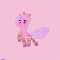 Size: 2480x2480 | Tagged: safe, artist:starburstuwu, derpibooru import, oc, unofficial characters only, pony, unicorn, blushing, bow, clothes, female, hair bow, high res, horn, image, jpeg, looking at you, mare, pink background, rainbow socks, simple background, smiling, smiling at you, socks, solo, striped socks