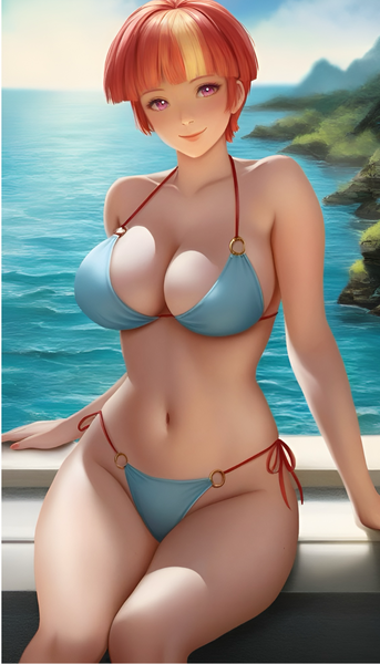 Size: 1152x2016 | Tagged: suggestive, ai content, derpibooru import, editor:sammykun, machine learning generated, windy whistles, human, anime style, beach, belly button, big breasts, bikini, breasts, busty windy whistles, cleavage, clothes, coast, female, g4, humanized, image, milf, mommy, mountain, ocean, png, prompter:sammykun, sexy, short hair, sitting, smiling, solo, stupid sexy windy whistles, sultry pose, swimsuit, thighs, water, wide hips