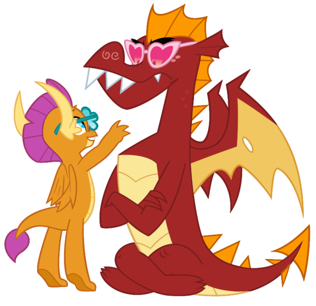 Size: 800x775 | Tagged: safe, artist:queencold, derpibooru import, garble, smolder, dragon, brother and sister, cute, duo, female, g4, glasses, heart shaped glasses, image, male, png, siblings, simple background, sunglasses, transparent background