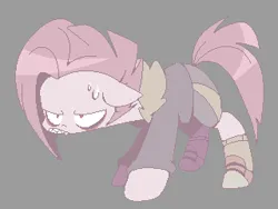 Size: 320x240 | Tagged: source needed, safe, artist:thegreatrouge, derpibooru import, pinkie pie, earth pony, pony, clothes, fell!sans, female, floppy ears, gray background, hoodie, image, mare, pinkamena diane pie, pixel art, png, red eyes, shoes, shorts, simple background, socks, sweat, sweatdrop, underfell, undertale