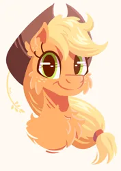 Size: 1050x1485 | Tagged: safe, artist:candy meow, derpibooru import, applejack, earth pony, pony, applejack's hat, bust, cheek fluff, chest fluff, cowboy hat, ear fluff, female, food, hat, image, lineless, looking at you, mare, png, simple background, smiling, solo, wheat