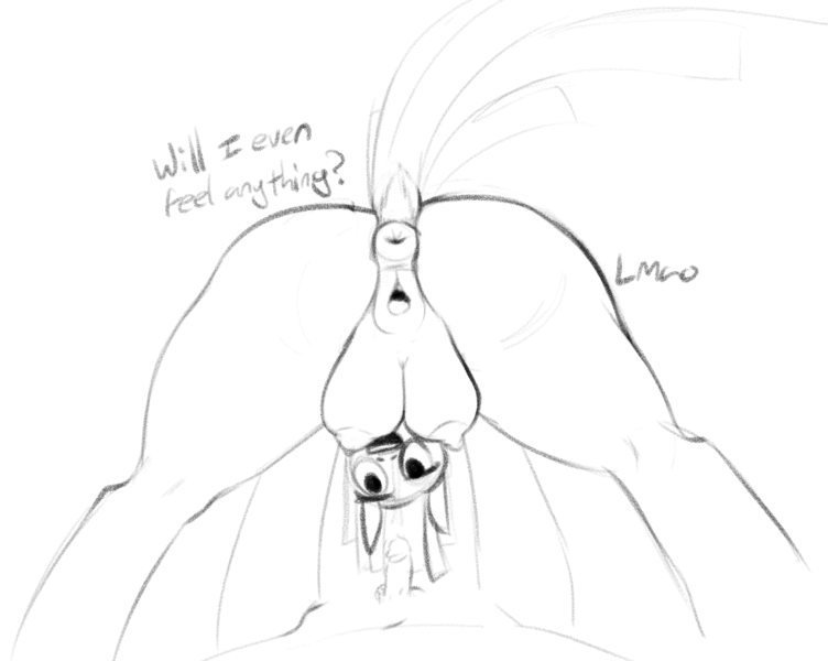 Size: 2422x1933 | Tagged: explicit, artist:sand-filled-scarecrow, banned from derpibooru, human, pony, unicorn, art pack:fun size, anatomically correct, anus, big crotchboobs, clitoris, crotchboobs, dialogue, disembodied penis, dock, eyes on the prize, human penis, image, low angle, monochrome, nudity, penis, png, ponut, raised eyebrow, rear view, simple background, sketch, small penis, small penis humiliation, tail, taint, vulva, vulvar winking, white background
