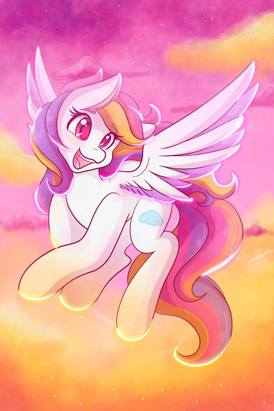 Size: 1365x2048 | Tagged: safe, artist:mscolorsplash, derpibooru import, oc, unofficial characters only, pegasus, pony, cloud, female, flying, image, jpeg, mare, open mouth, open smile, smiling, solo, spread wings, sunset, wings