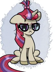 Size: 2000x2600 | Tagged: safe, artist:scandianon, derpibooru import, moondancer, pony, unicorn, annoyed, female, floppy ears, frown, furrowed brow, glasses, horn, image, mare, missing accessory, moondancer is not amused, png, sitting, unamused