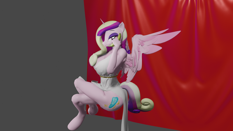 Size: 1920x1080 | Tagged: suggestive, artist:bananasugar, derpibooru import, princess cadance, alicorn, anthro, 3d, banana, big breasts, breasts, clothes, dress, female, food, g4, image, png, simple background, solo, solo female