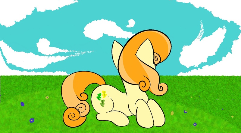 Size: 1800x1000 | Tagged: safe, artist:boneappleteeth, derpibooru import, junebug, earth pony, pony, background pony, flower, grass, grass field, image, jpeg, looking back