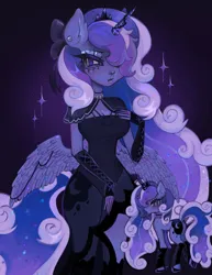 Size: 1580x2048 | Tagged: safe, artist:plushvamp, derpibooru import, princess luna, alicorn, anthro, pony, unicorn, abstract background, alternate hairstyle, bow, breasts, capelet, cleavage, clothes, dress, ear piercing, female, g4, hair bow, hair over one eye, horn, horn jewelry, human facial structure, image, jewelry, jpeg, leg warmers, looking at you, looking back, looking back at you, mare, necklace, nose piercing, piercing, race swap, regalia, self paradox, self ponidox, solo, unicorn luna, wing jewelry, wings