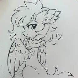 Size: 2036x2048 | Tagged: safe, artist:lerkfruitbat, derpibooru import, oc, unofficial characters only, pegasus, pony, black and white, clothes, female, grayscale, heart, image, jpeg, looking back, mare, monochrome, scarf, simple background, sketch, solo, traditional art, white background