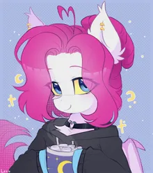 Size: 1170x1331 | Tagged: safe, artist:lerkfruitbat, derpibooru import, oc, unofficial characters only, bat pony, pony, abstract background, chest fluff, choker, clothes, drink, ear fluff, ear piercing, ear tufts, earring, eye clipping through hair, eyebrows, eyebrows visible through hair, female, hoodie, image, jewelry, jpeg, mare, piercing, solo