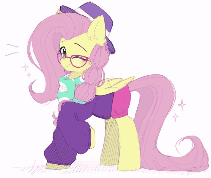Size: 1977x1670 | Tagged: safe, artist:lerkfruitbat, derpibooru import, fluttershy, pegasus, pony, alternate hairstyle, clothes, female, g4, glasses, hat, hipstershy, image, jpeg, mare, one eye closed, redraw, scarf, simple background, solo, white background, wink