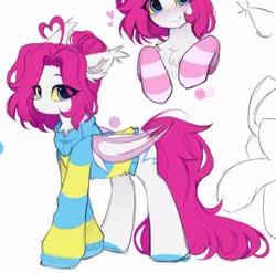 Size: 572x565 | Tagged: safe, artist:lerkfruitbat, derpibooru import, oc, unofficial characters only, bat pony, pony, blushing, chest fluff, clothes, ear tufts, eye clipping through hair, eyebrows, eyebrows visible through hair, female, image, jpeg, mare, socks, solo, sweater